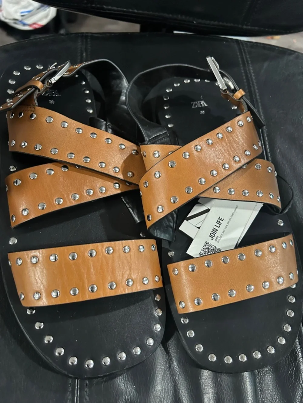 Zara Brown Sandals with Silver Stud Accents Black sole. NWT - Picture 2 of 9